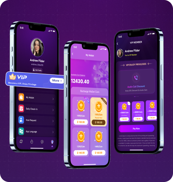 Camzy wallet and VIP screens