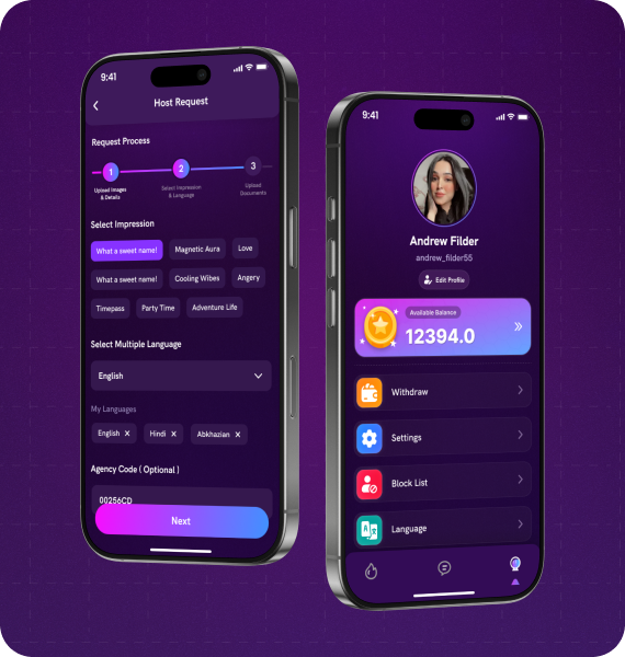 Camzy host request and earnings screens